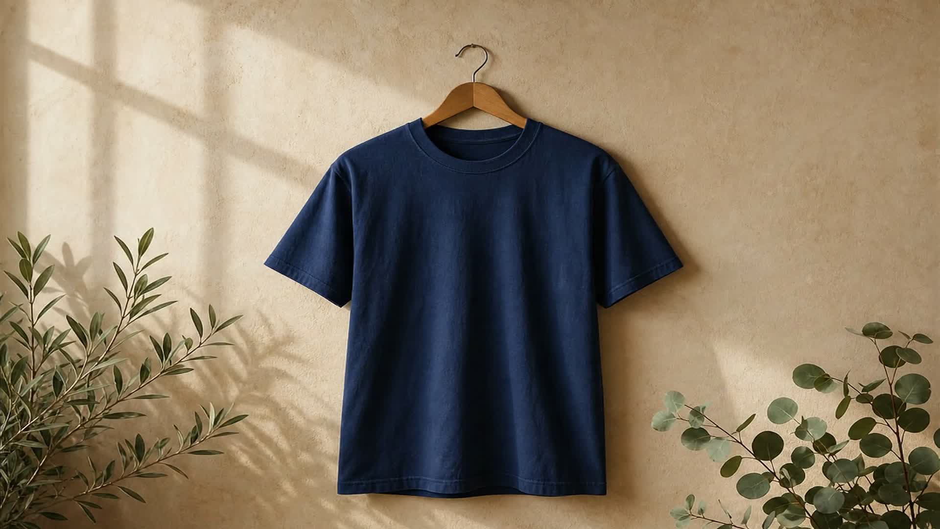 Blank navy Comfort Colors t-shirt hanging centered against a warm plaster wall